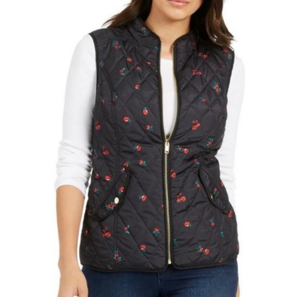 CHARTER CLUB QUILTED FLORAL BLACK VEST SIZE M